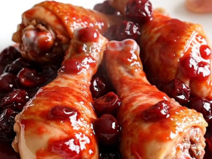 Close up of glazed cherry chicken drumsticks in a slow cooker on a butcher block counter.