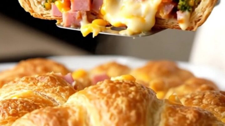 A golden, puffed ham and broccoli cheddar crescent bake in a white enameled dish.