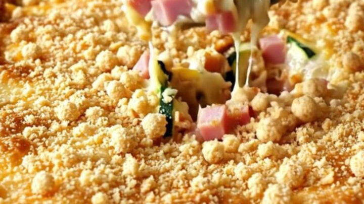 A creamy ham and Swiss zucchini casserole in a white baking dish with a golden cracker crumb topping.