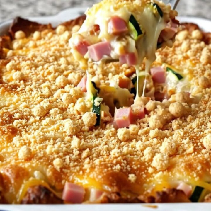 A creamy ham and Swiss zucchini casserole in a white baking dish with a golden cracker crumb topping.