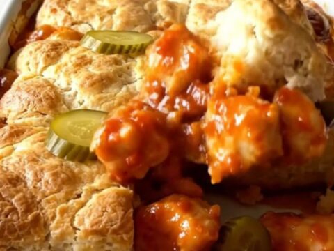 Nashville Hot Chicken Biscuit Bake in a rectangular ceramic dish, golden brown with bubbling red sauce.