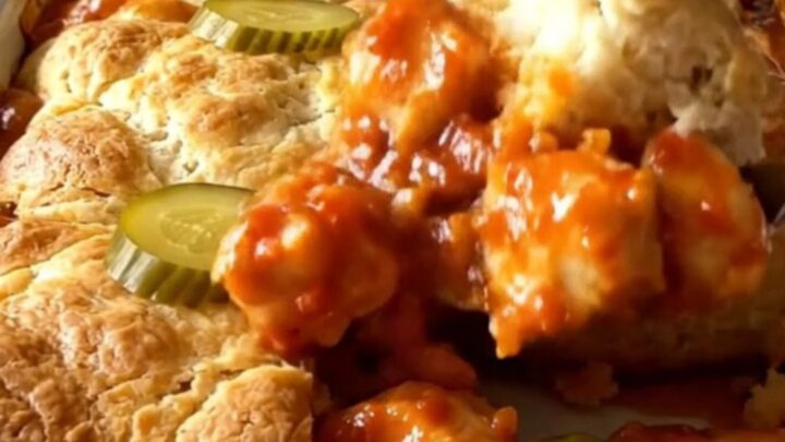 Nashville Hot Chicken Biscuit Bake in a rectangular ceramic dish, golden brown with bubbling red sauce.