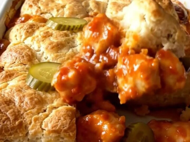 Nashville Hot Chicken Biscuit Bake in a rectangular ceramic dish, golden brown with bubbling red sauce.