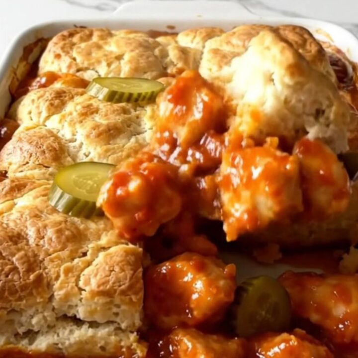 Nashville Hot Chicken Biscuit Bake in a rectangular ceramic dish, golden brown with bubbling red sauce.