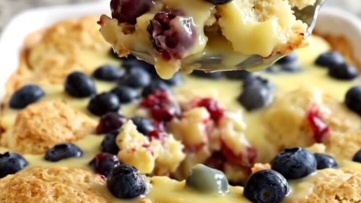 A golden, baked lemon blueberry biscuit casserole in a white ceramic dish, steaming slightly.