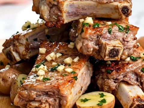 A close-up of slow-cooked pork spareribs and baby potatoes coated in a glistening garlic butter sauce.