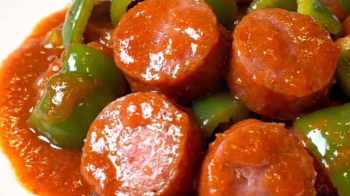 A close-up of honey sriracha kielbasa coins and green peppers in a shiny, red sauce in a slow cooker.