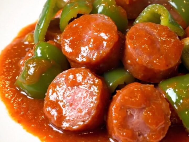 A close-up of honey sriracha kielbasa coins and green peppers in a shiny, red sauce in a slow cooker.