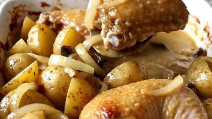 A large rectangular ceramic dish filled with golden baked chicken thighs and potatoes covered in creamy mushroom gravy.