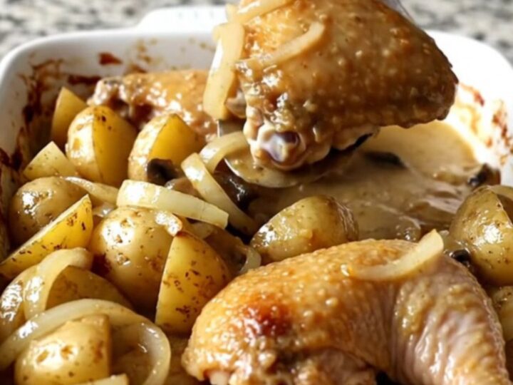 A large rectangular ceramic dish filled with golden baked chicken thighs and potatoes covered in creamy mushroom gravy.