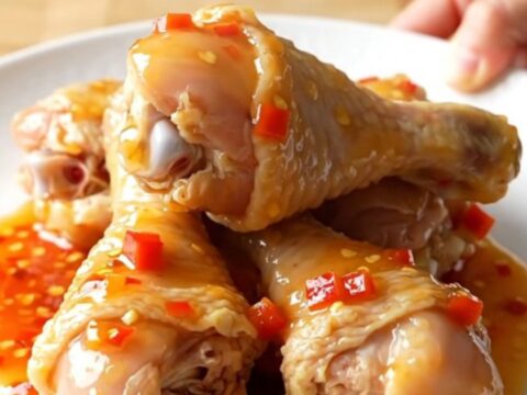 Slow cooker apricot habanero chicken drumsticks with a glossy, thick glaze on a white serving plate.