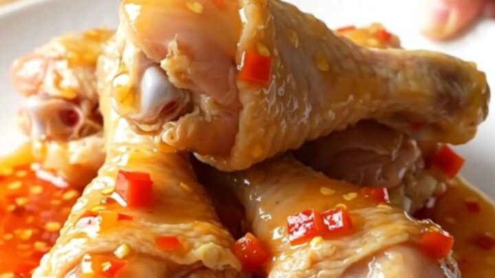 Slow cooker apricot habanero chicken drumsticks with a glossy, thick glaze on a white serving plate.
