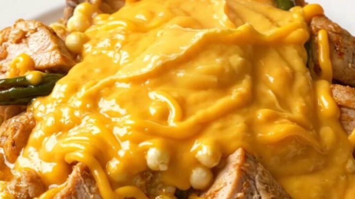 A close-up of the Crockpot Cheesy Chicken and Hominy Casserole served on a white plate.