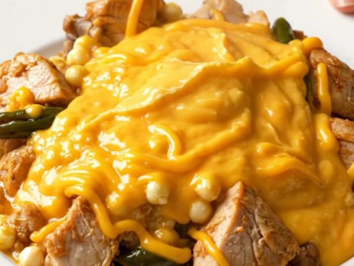 A close-up of the Crockpot Cheesy Chicken and Hominy Casserole served on a white plate.