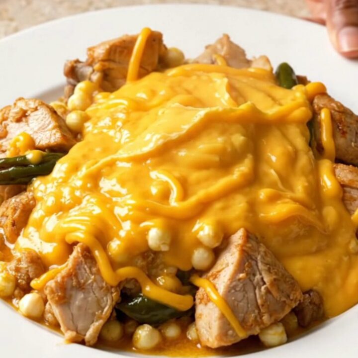 A close-up of the Crockpot Cheesy Chicken and Hominy Casserole served on a white plate.