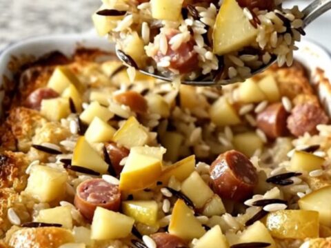 A large white rectangular baking dish filled with a golden, savory wild rice, sausage, and apple bake.