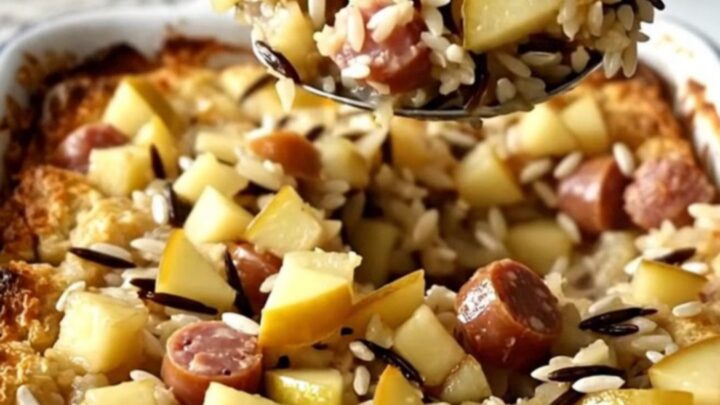 A large white rectangular baking dish filled with a golden, savory wild rice, sausage, and apple bake.