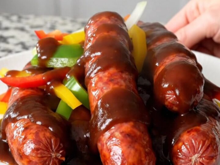 A close-up of hot link sausages in a slow cooker topped with colorful bell peppers and onions in barbecue sauce.