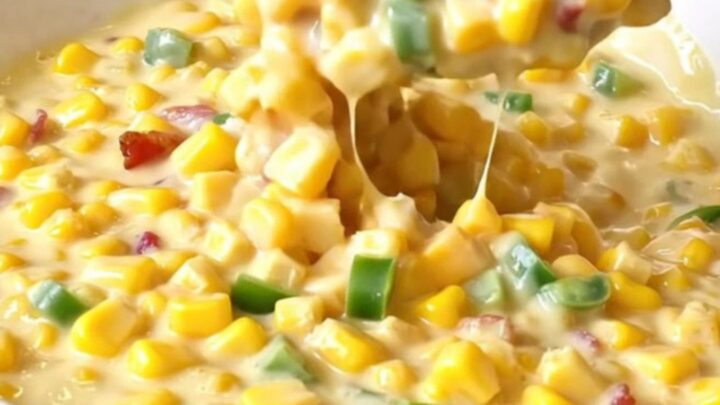 A top-down view of creamy jalapeño popper corn in a black slow cooker insert, showing yellow corn, melted cheese