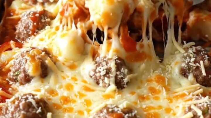 A sheet pan filled with golden gnocchi, meatballs, and peppers covered in melted mozzarella.