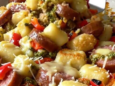 A sheet pan filled with golden-brown gnocchi, sliced smoked sausage, and roasted red bell peppers coated in pesto.