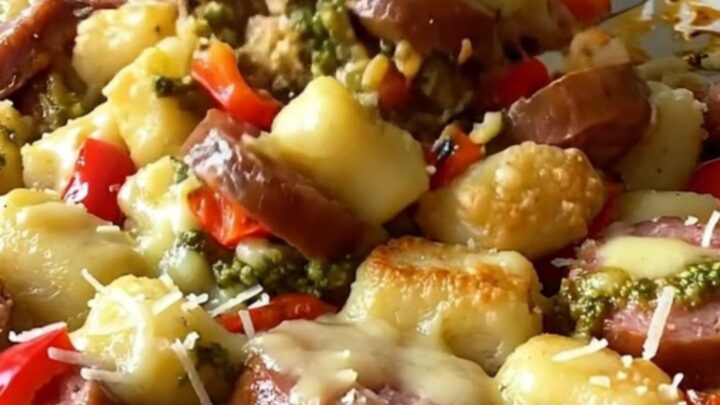 A sheet pan filled with golden-brown gnocchi, sliced smoked sausage, and roasted red bell peppers coated in pesto.