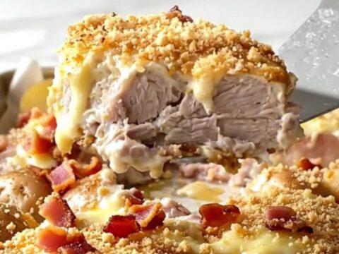 A sheet pan filled with golden-brown pork medallions and roasted baby potatoes topped with creamy sauce and bacon.