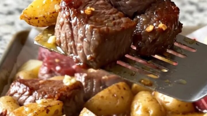 A sheet pan filled with golden roasted potato chunks and deep brown, tender sirloin steak bites topped with fresh parsley.