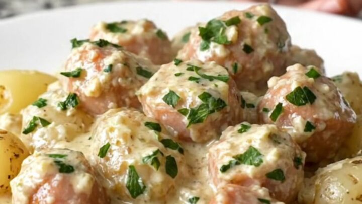 Slow cooker filled with sliced chicken sausage, baby potatoes, and a rich garlic cream sauce.