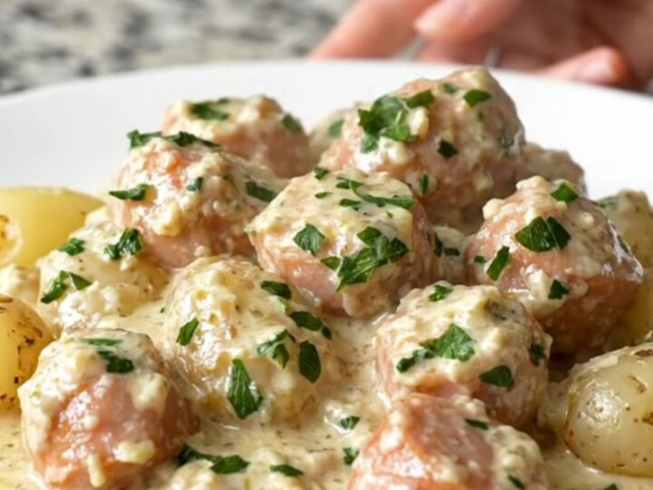 Slow cooker filled with sliced chicken sausage, baby potatoes, and a rich garlic cream sauce.