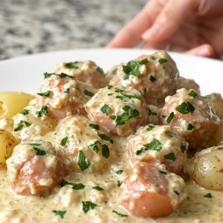 Slow cooker filled with sliced chicken sausage, baby potatoes, and a rich garlic cream sauce.