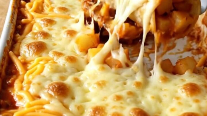 A top-down view of a rectangular baking dish filled with corn tortilla rolls covered in red sauce and melted cheddar cheese.