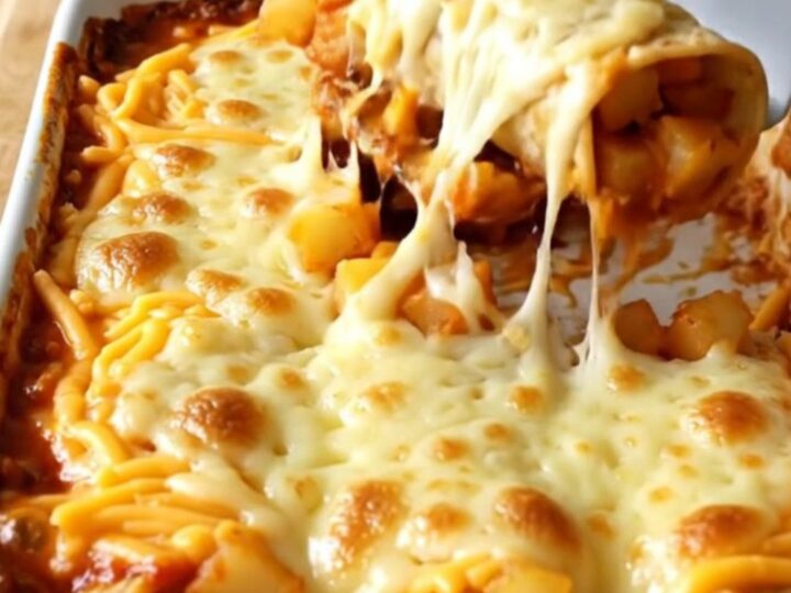 A top-down view of a rectangular baking dish filled with corn tortilla rolls covered in red sauce and melted cheddar cheese.