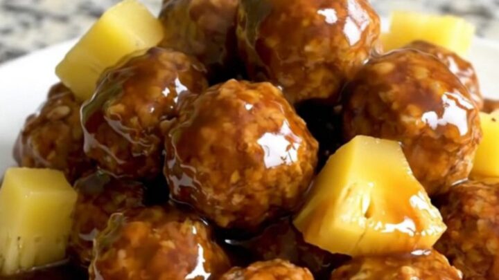 A close-up of tender turkey meatballs covered in a glossy dark brown Huli Huli sauce with chunks of pineapple.