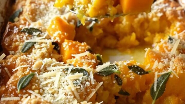 A top-down view of a rectangular baking dish filled with golden roasted butternut squash cubes topped with parmesan.