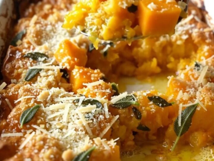 A top-down view of a rectangular baking dish filled with golden roasted butternut squash cubes topped with parmesan.