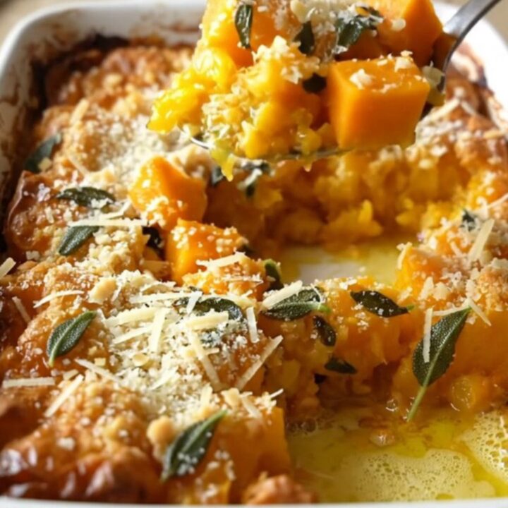 A top-down view of a rectangular baking dish filled with golden roasted butternut squash cubes topped with parmesan.