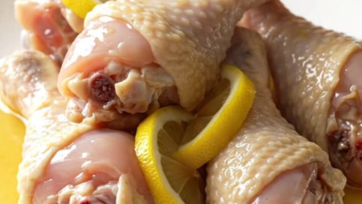 A close-up of tender, braised chicken drumsticks in a glossy lemonade and soy sauce glaze, topped with soft lemon slices.