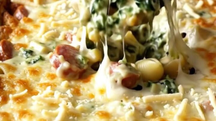 A top-down view of a rectangular baking dish filled with pasta shells, Italian sausage, and creamy spinach artichoke sauce.