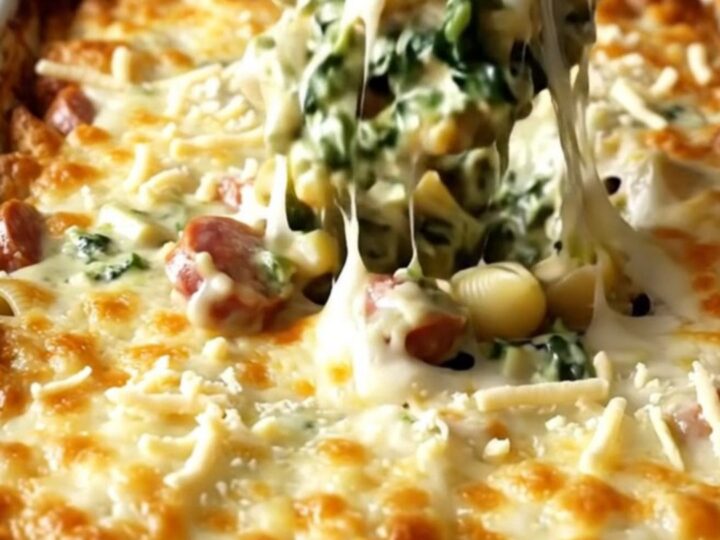A top-down view of a rectangular baking dish filled with pasta shells, Italian sausage, and creamy spinach artichoke sauce.