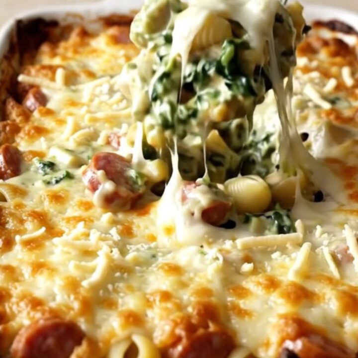 A top-down view of a rectangular baking dish filled with pasta shells, Italian sausage, and creamy spinach artichoke sauce.