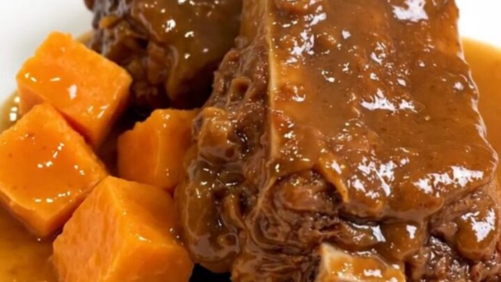 A ceramic slow cooker filled with raw boneless pork ribs and sweet potato chunks ready to be cooked.