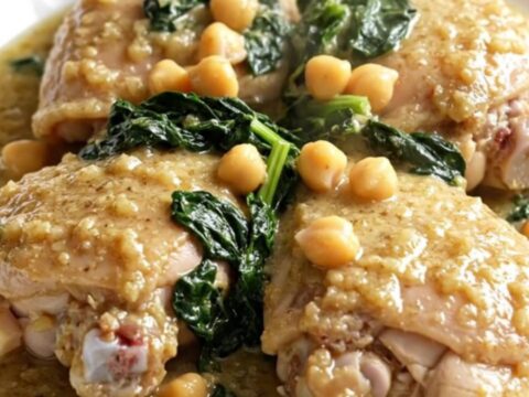 A slow cooker filled with chicken thighs, chickpeas, spinach, and a block of cream cheese.
