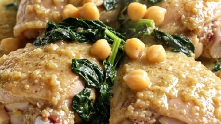 A slow cooker filled with chicken thighs, chickpeas, spinach, and a block of cream cheese.