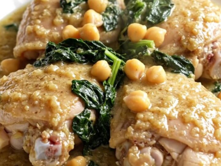 A slow cooker filled with chicken thighs, chickpeas, spinach, and a block of cream cheese.