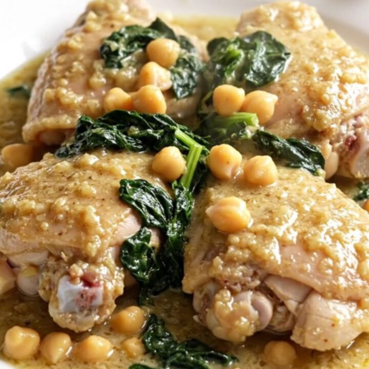 A slow cooker filled with chicken thighs, chickpeas, spinach, and a block of cream cheese.