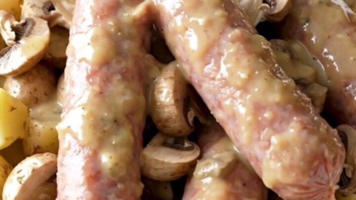 A close-up of creamy mushroom Swiss brats and potatoes in a slow cooker.