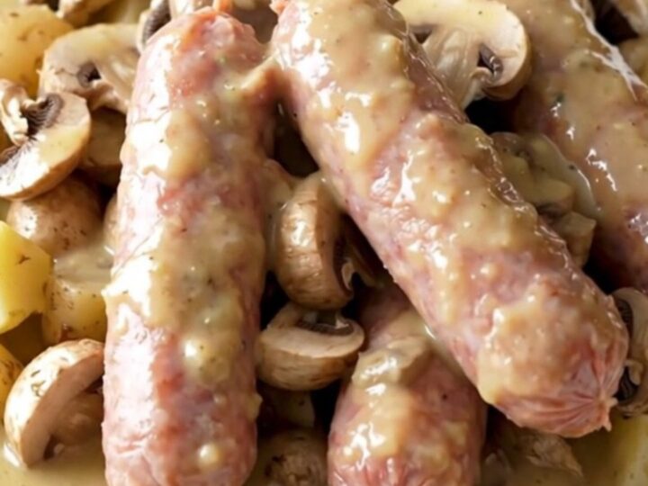 A close-up of creamy mushroom Swiss brats and potatoes in a slow cooker.