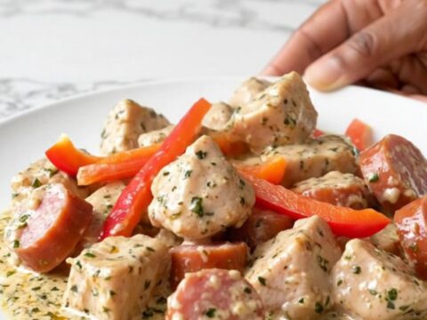 A slow cooker filled with creamy chicken, Italian sausage, and bell peppers in a rich herb sauce.