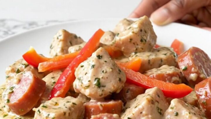 A slow cooker filled with creamy chicken, Italian sausage, and bell peppers in a rich herb sauce.